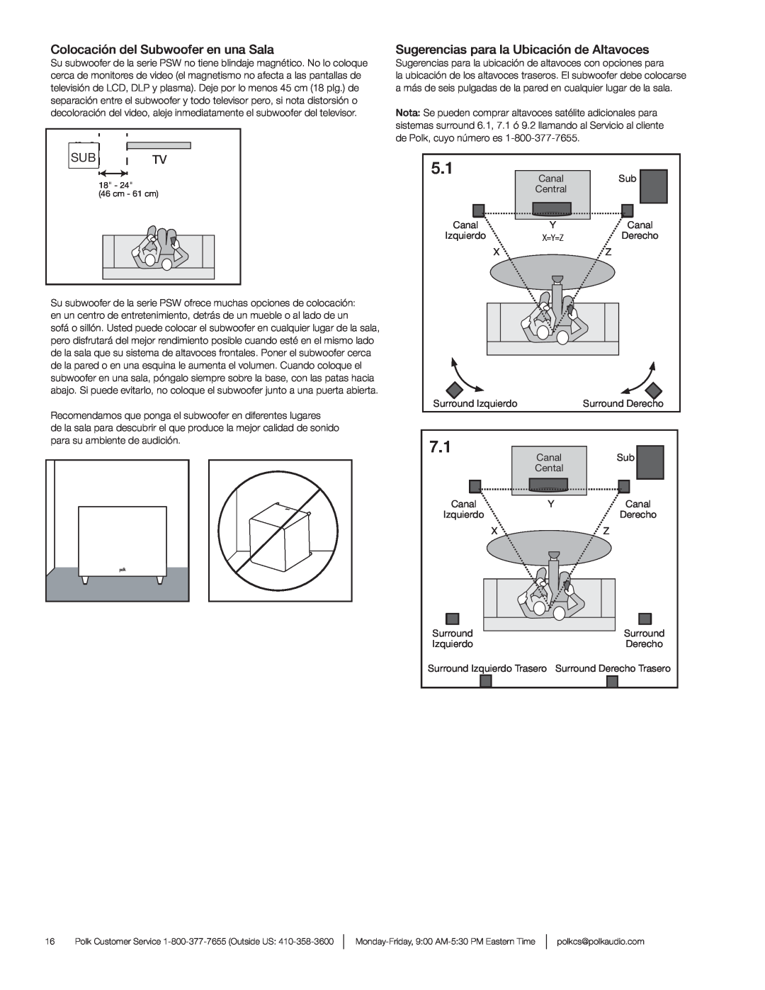 Polk Audio PSW121 owner manual Colocación del Subwoofer en una Sala, Sugerencias para la Ubicación de Altavoces 