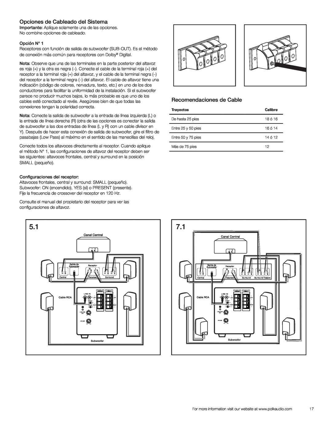 Polk Audio PSW121 owner manual Opciones de Cableado del Sistema, Recomendaciones de Cable 