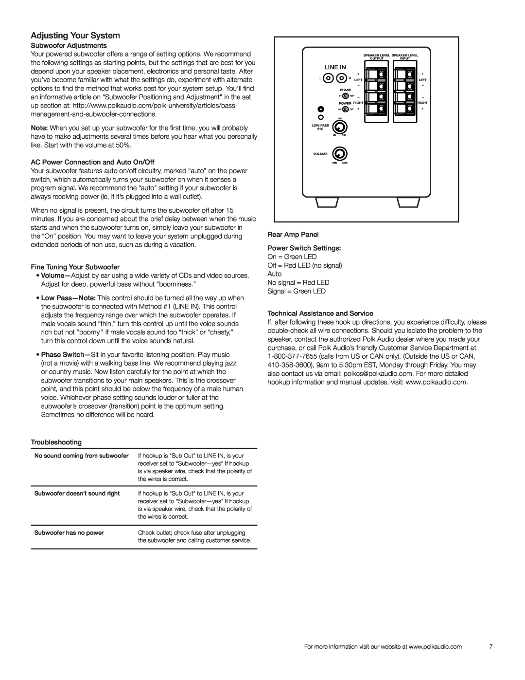 Polk Audio PSW121 owner manual Adjusting Your System 