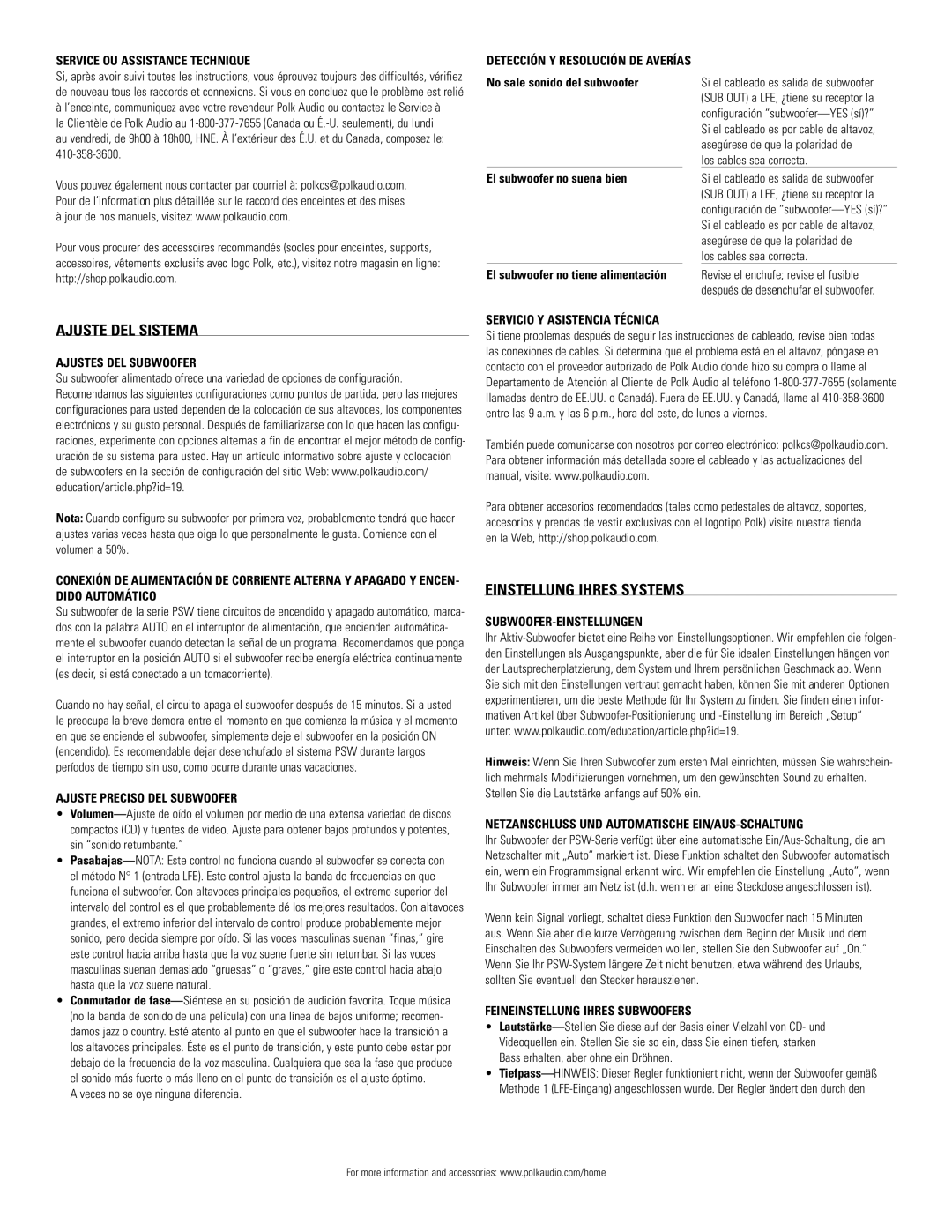 Polk Audio PSW125, PSW110 owner manual Ajuste DEL Sistema, Einstellung Ihres Systems 