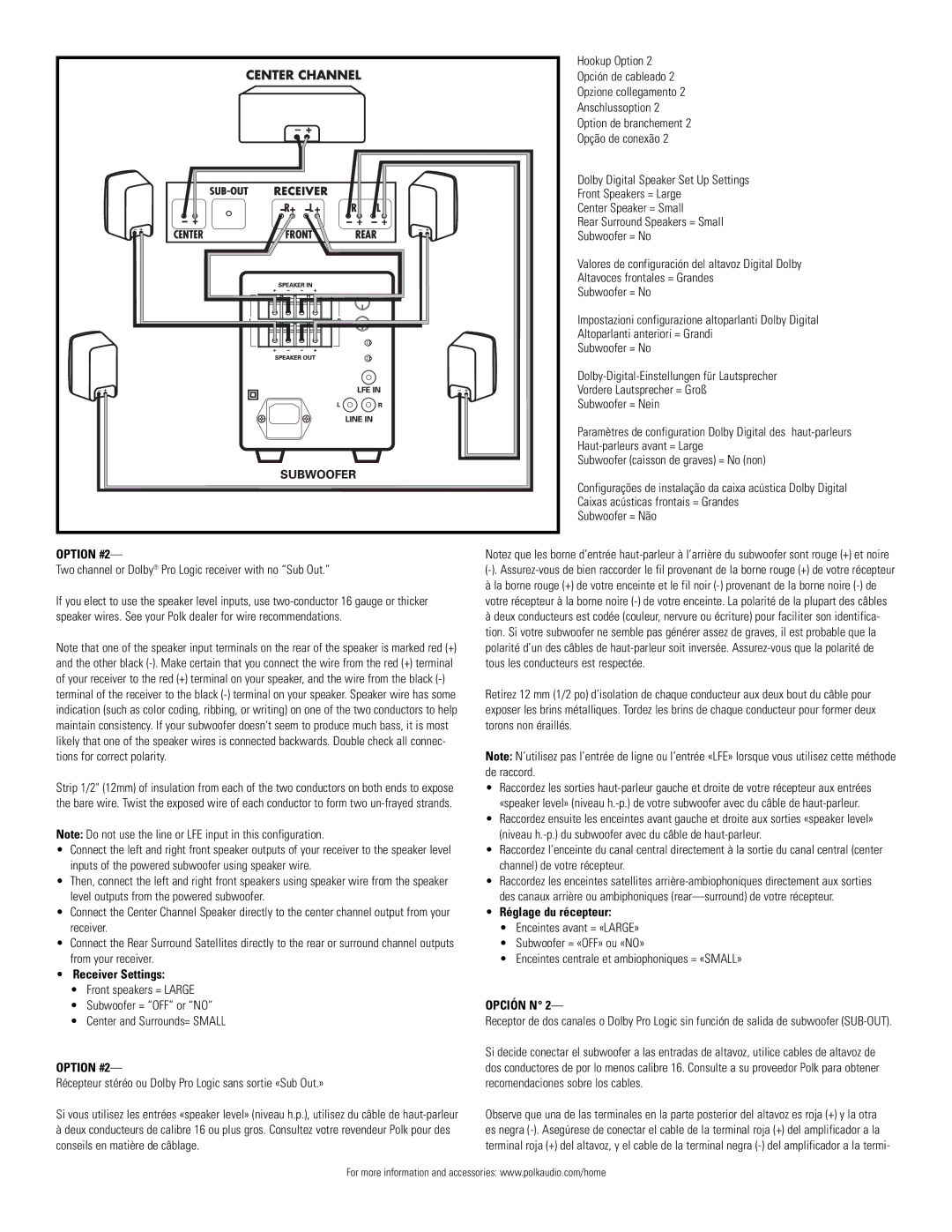 Polk Audio PSW125, PSW110 owner manual Option #2, Two channel or Dolby Pro Logic receiver with no Sub Out 