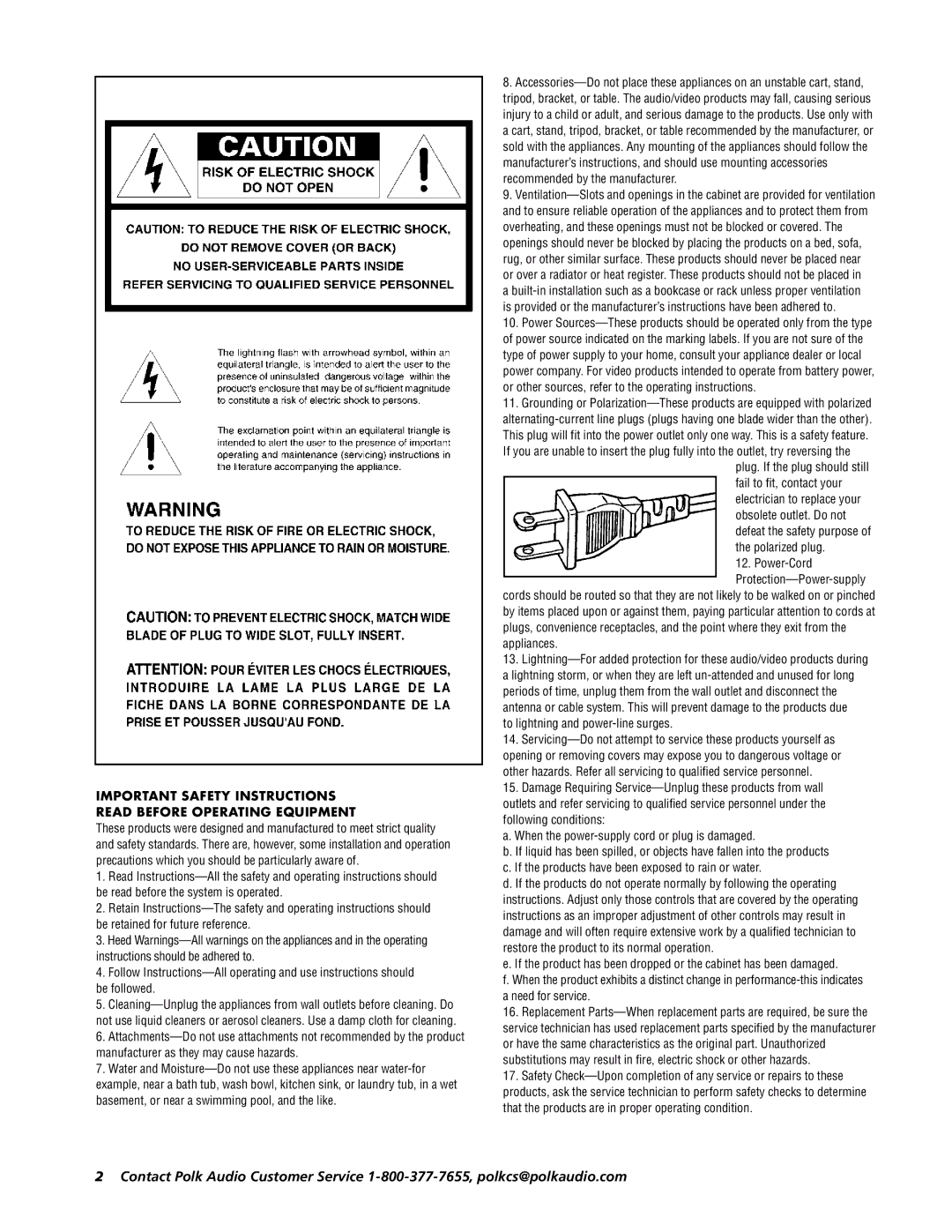 Polk Audio PSW202 owner manual To lightning and power-line surges 