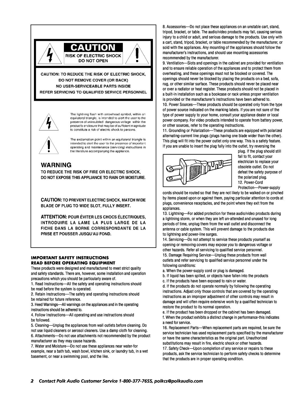Polk Audio PSW202 owner manual Important Safety Instructions, Read Before Operating Equipment 