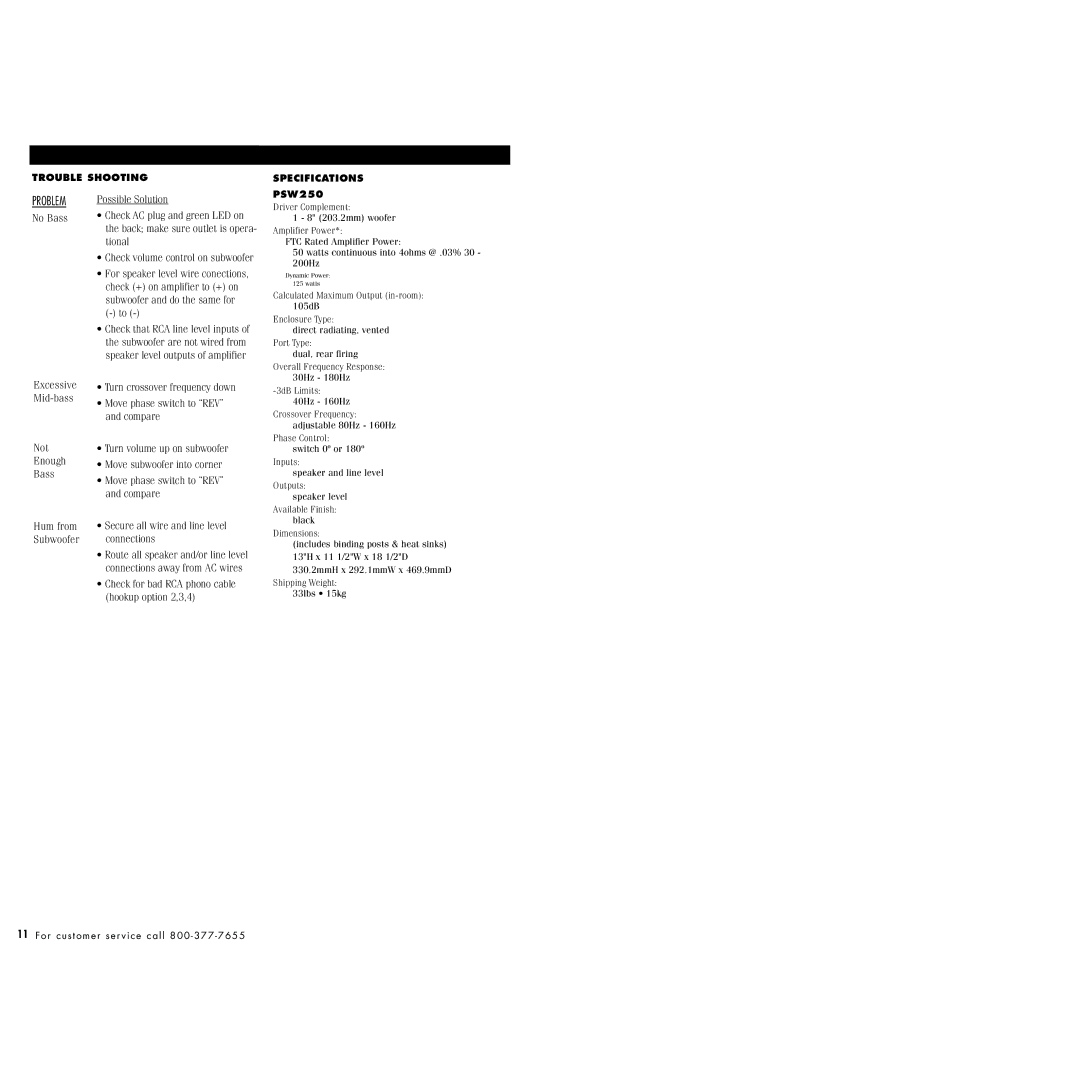 Polk Audio PSW250, PSW350, 450 instruction manual Problem 