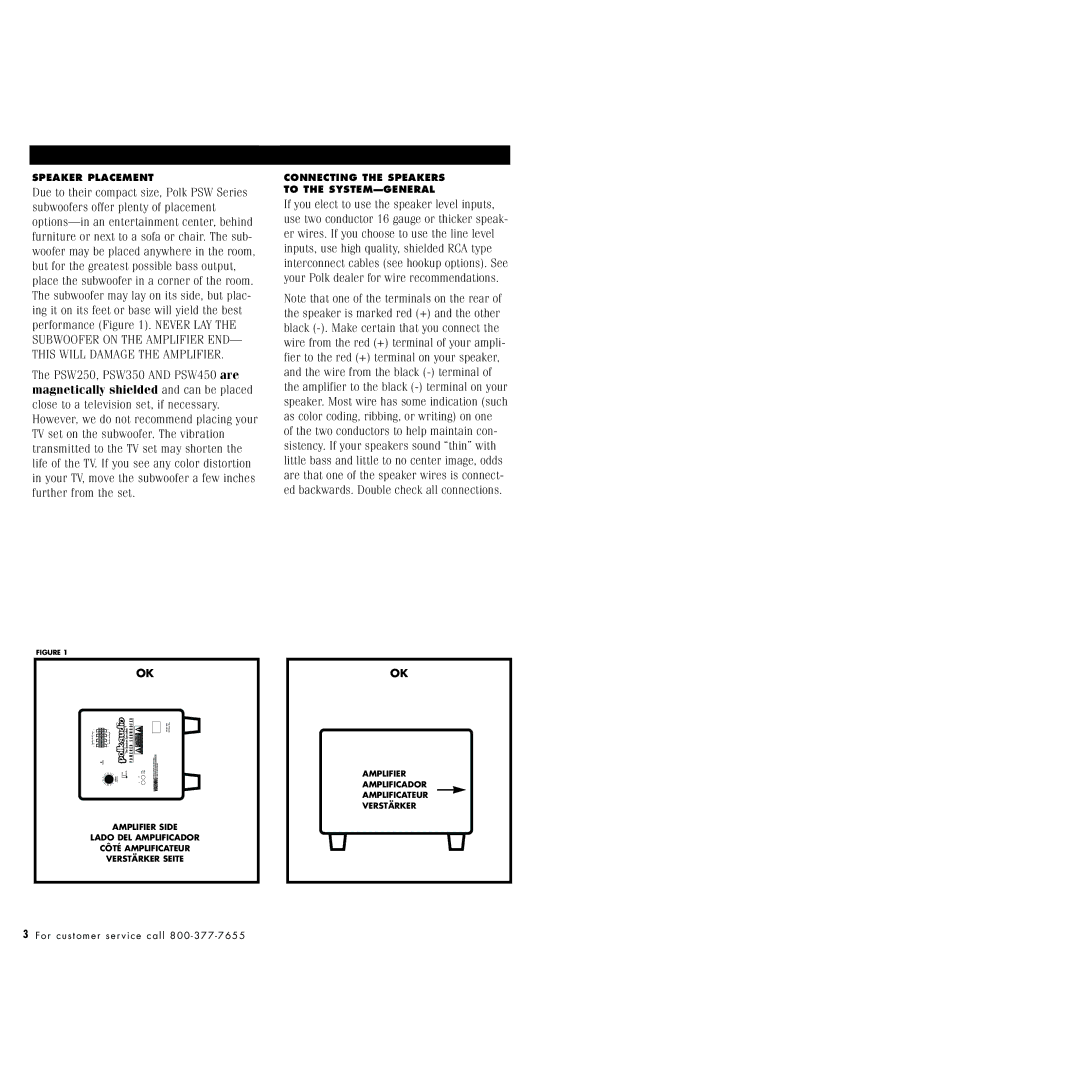 Polk Audio PSW350, PSW250, 450 instruction manual Speaker Placement 