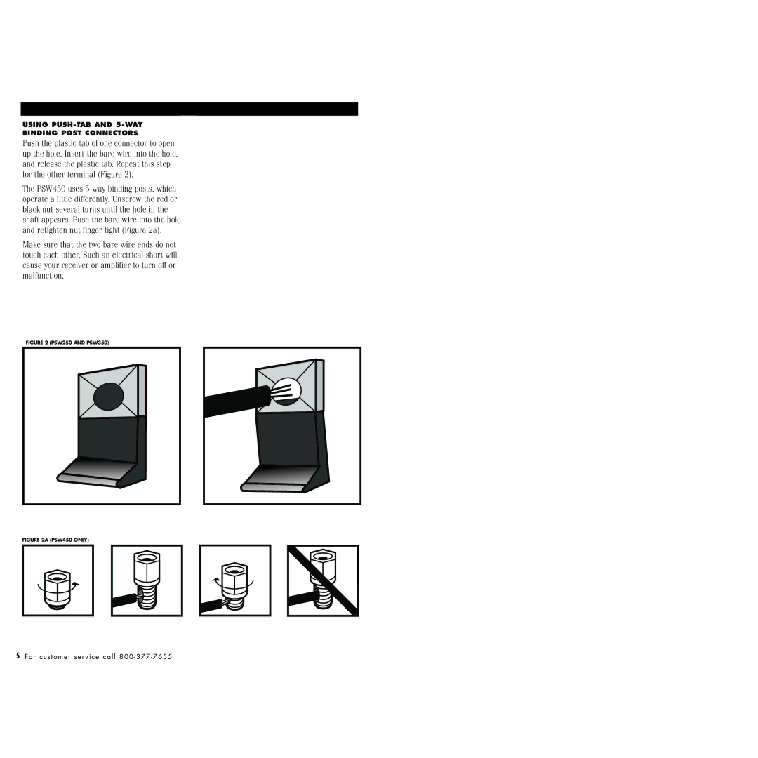 Polk Audio PSW250, PSW350, 450 instruction manual Using PUSH-TAB and 5-WAY Binding Post Connectors 