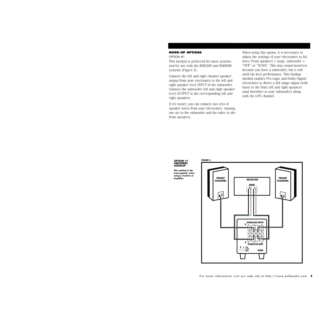 Polk Audio PSW350, PSW250, 450 instruction manual HOOK-UP Options 