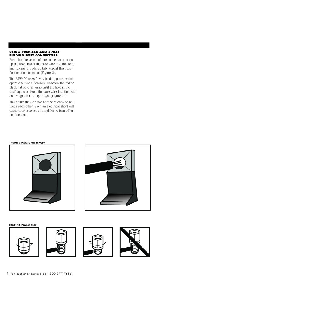 Polk Audio instruction manual USING PUSH-TABAND 5-WAYBINDING POST CONNECTORS, PSW250 AND PSW350 A PSW450 ONLY 