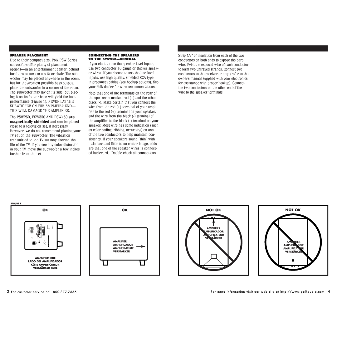 Polk Audio PSW250 instruction manual Not Ok, Speaker Placement, Connecting The Speakers To The System-General 