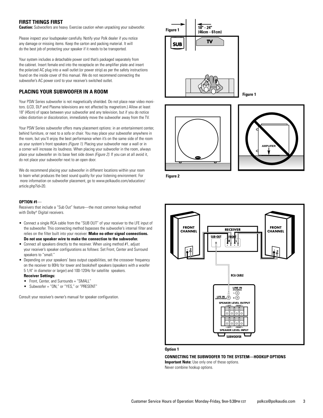 Polk Audio PSW505 First Things First, Placing Your Subwoofer in a Room, Option #1, Receiver Settings, 46cm 61cm 