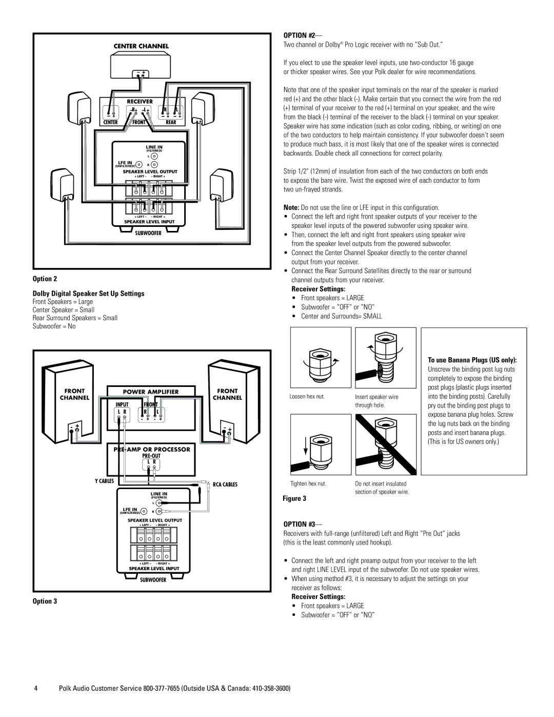 Polk Audio PSW505 Option Dolby Digital Speaker Set Up Settings, Option #2, To use Banana Plugs US only, Option #3 