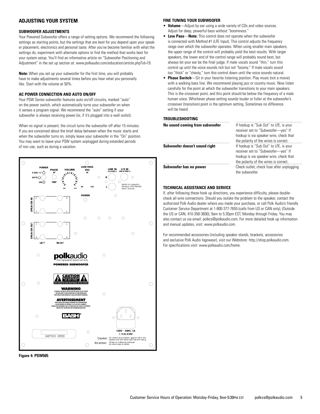 Polk Audio PSW505 Adjusting Your System, Subwoofer Adjustments AC Power Connection and Auto ON/OFF, Troubleshooting 