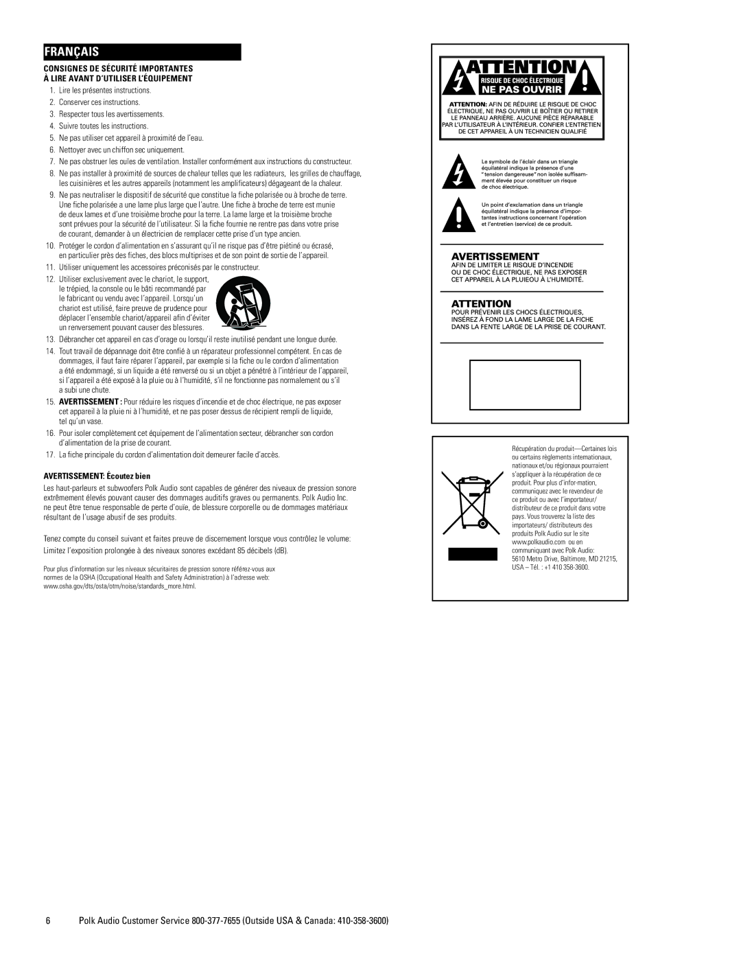 Polk Audio PSW505 owner manual Français 