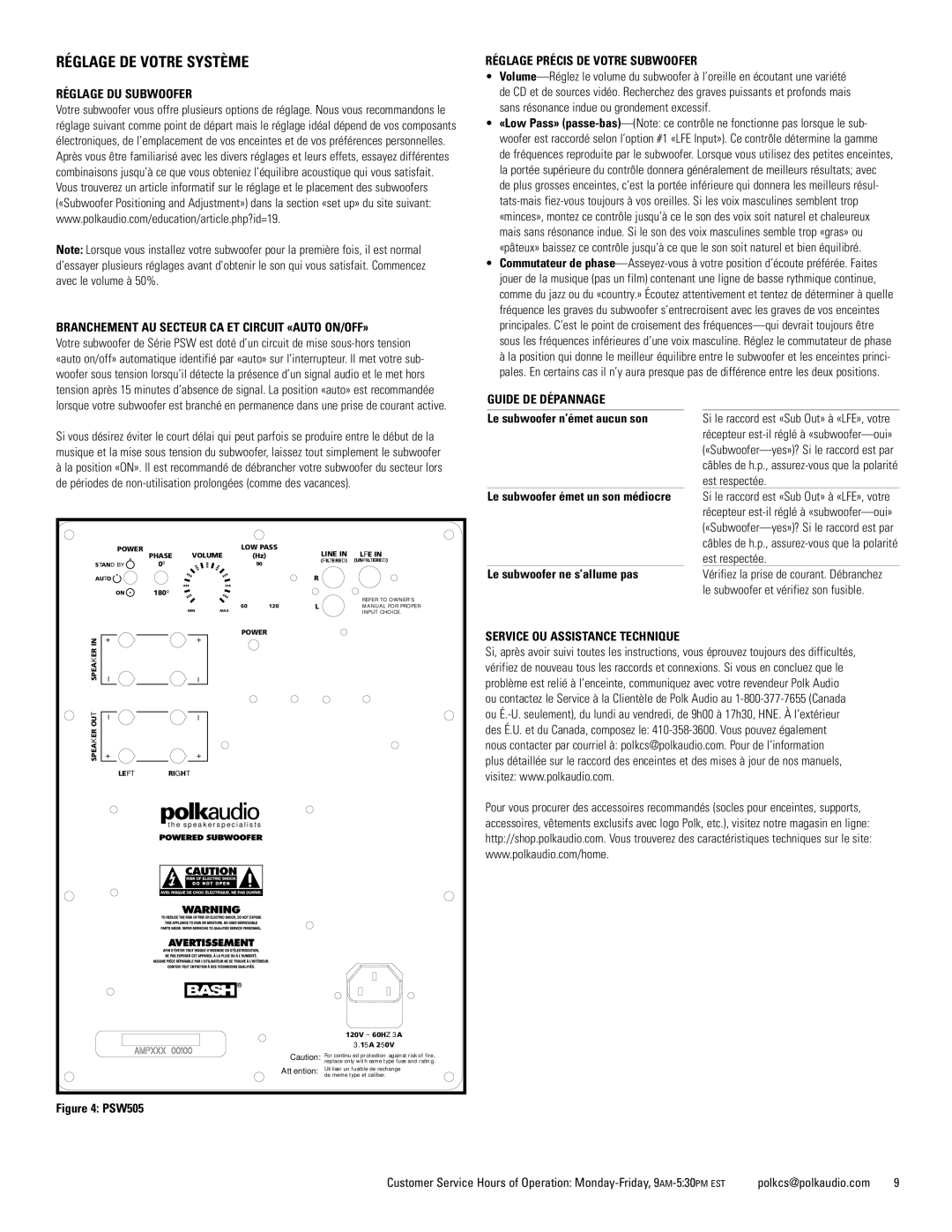 Polk Audio PSW505 owner manual Réglage DE Votre Système, Réglage Précis DE Votre Subwoofer, Guide DE Dépannage 