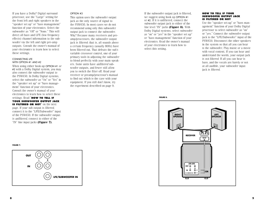 Polk Audio PSW650 instruction manual HOW to Tell if Your Subwoofer Output Jack is Filtered or not 