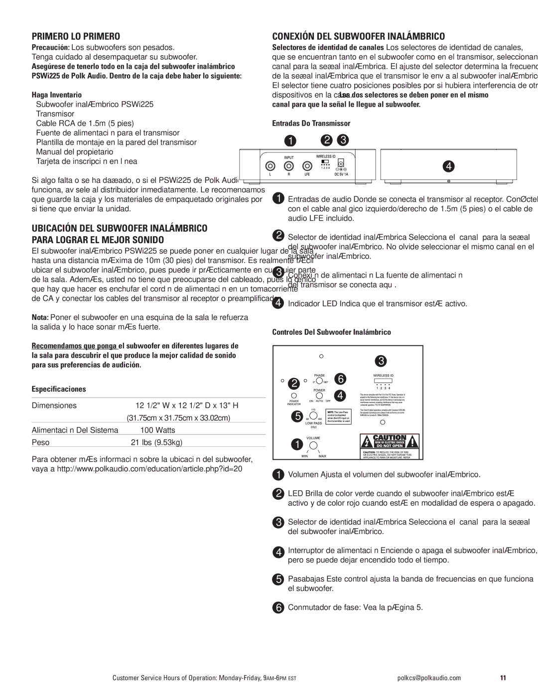 Polk Audio PSWi225 owner manual Primero LO Primero, Conexión DEL Subwoofer Inalámbrico 