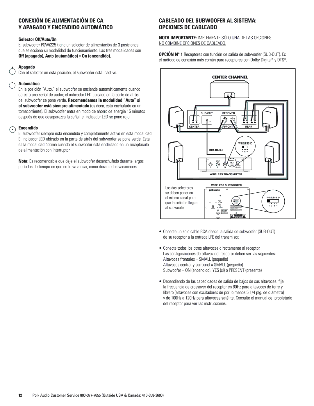 Polk Audio PSWi225 owner manual Selector Off/Auto/On, Apagado, Automático, Encendido 