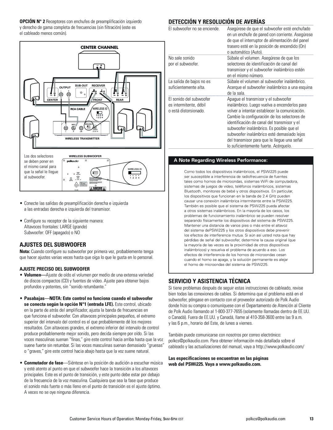 Polk Audio PSWi225 owner manual Detección Y Resolución DE Averías, Ajustes DEL Subwoofer, Servicio Y Asistencia Técnica 