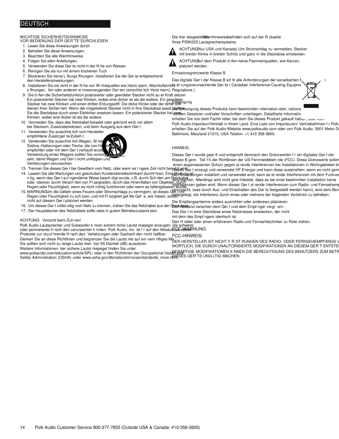 Polk Audio PSWi225 Deutsch, Fcc-Warnung Fcc-Hinweis, Achtung Vorsicht beim Zuhören, Emissionsgrenzwerte Klasse B 