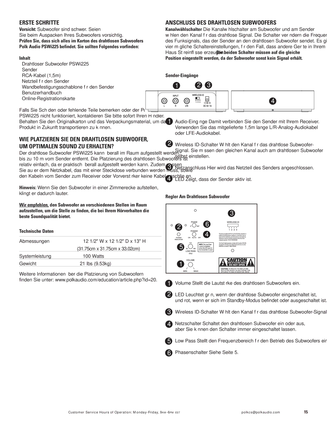 Polk Audio PSWi225 owner manual Erste Schritte, Anschluss DES Drahtlosen Subwoofers, Inhalt, Regler Am Drahtlosen Subwoofer 