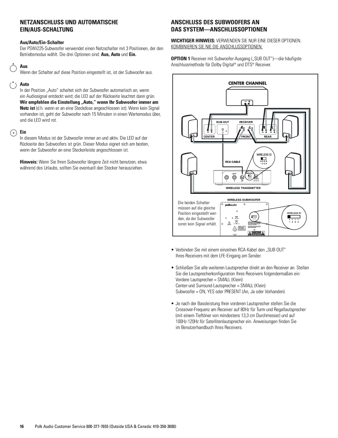 Polk Audio PSWi225 owner manual Netzanschluss UND Automatische EIN/AUS-SCHALTUNG, Aus/Auto/Ein-Schalter 