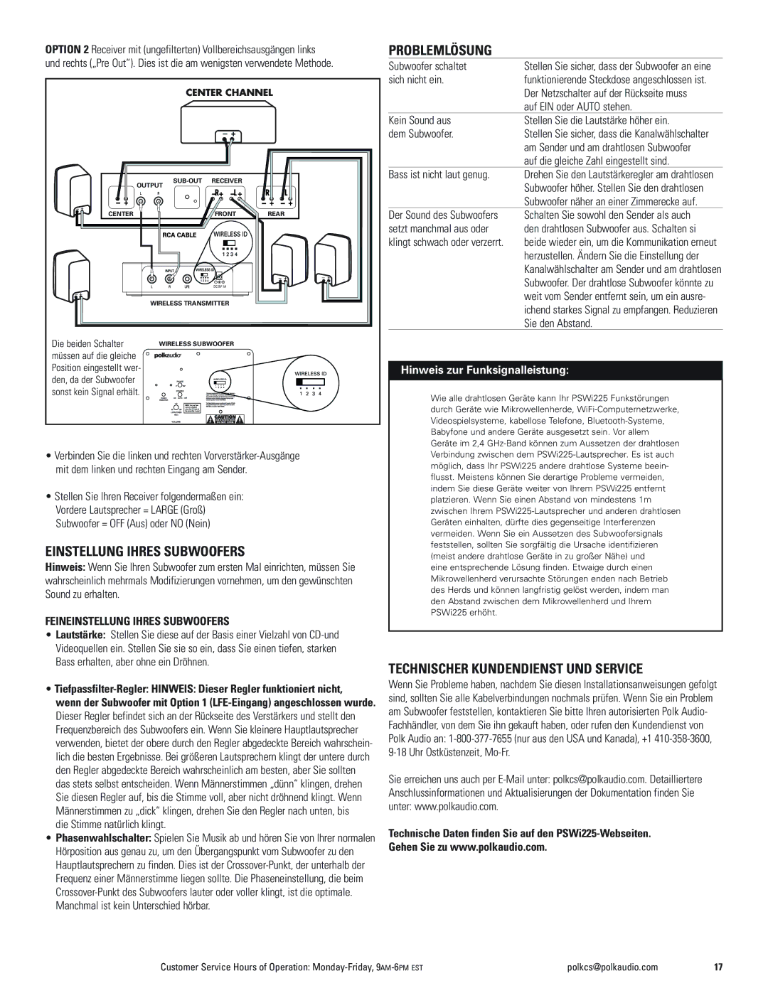 Polk Audio PSWi225 owner manual Problemlösung, Einstellung Ihres Subwoofers, Technischer Kundendienst UND Service 