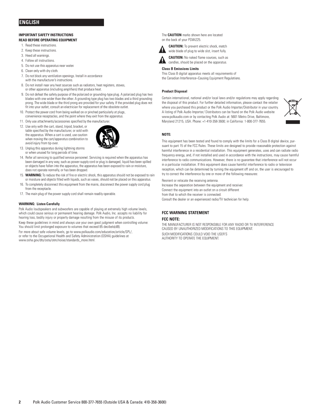 Polk Audio PSWi225 owner manual English, FCC Warning Statement FCC Note, Class B Emissions Limits, Product Disposal 