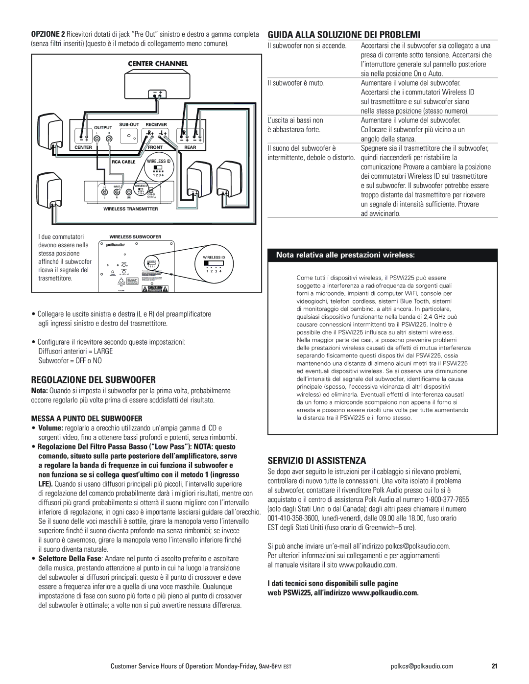 Polk Audio PSWi225 owner manual Regolazione DEL Subwoofer, Guida Alla Soluzione DEI Problemi, Servizio DI Assistenza 