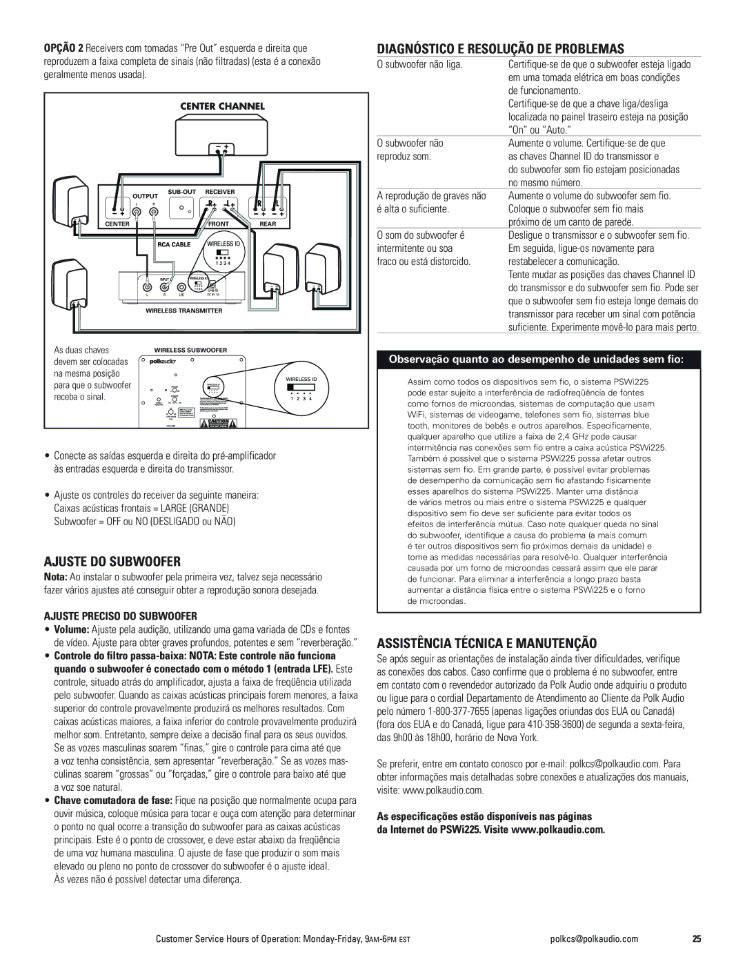 Polk Audio PSWi225 owner manual Diagnóstico E Resolução DE Problemas, Ajuste do Subwoofer, Assistência Técnica E Manutenção 