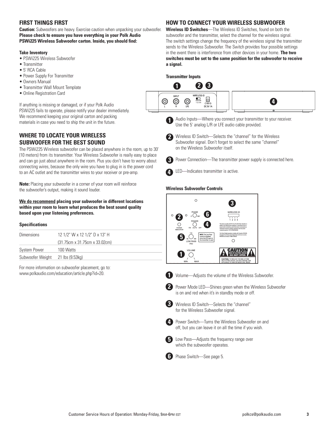 Polk Audio PSWi225 owner manual First Things Firsthow to Connect Your Wireless Subwoofer, Where to Locate Your Wireless 