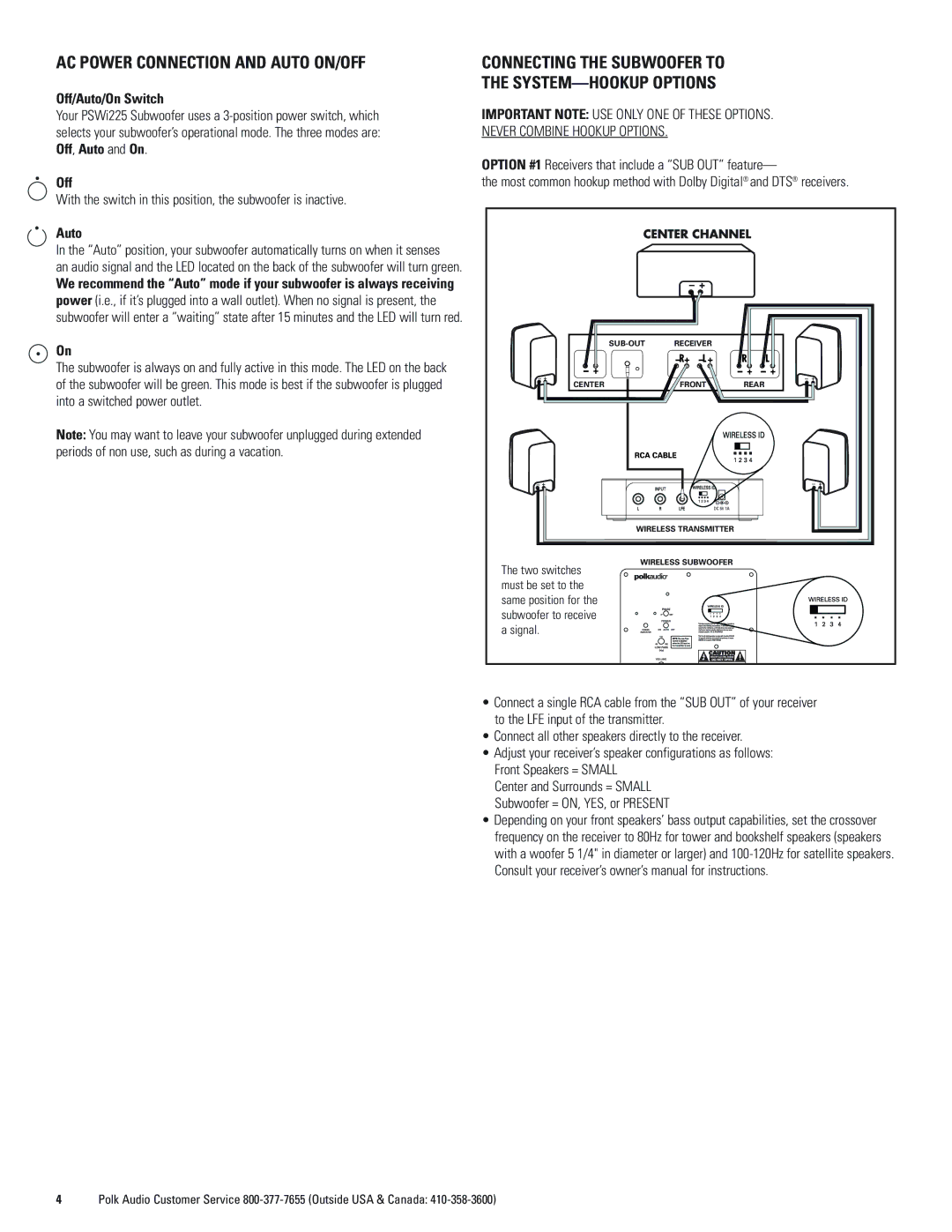 Polk Audio PSWi225 owner manual AC Power Connection and Auto ON/OFF, Connecting the Subwoofer to SYSTEM-HOOKUP Options, Off 