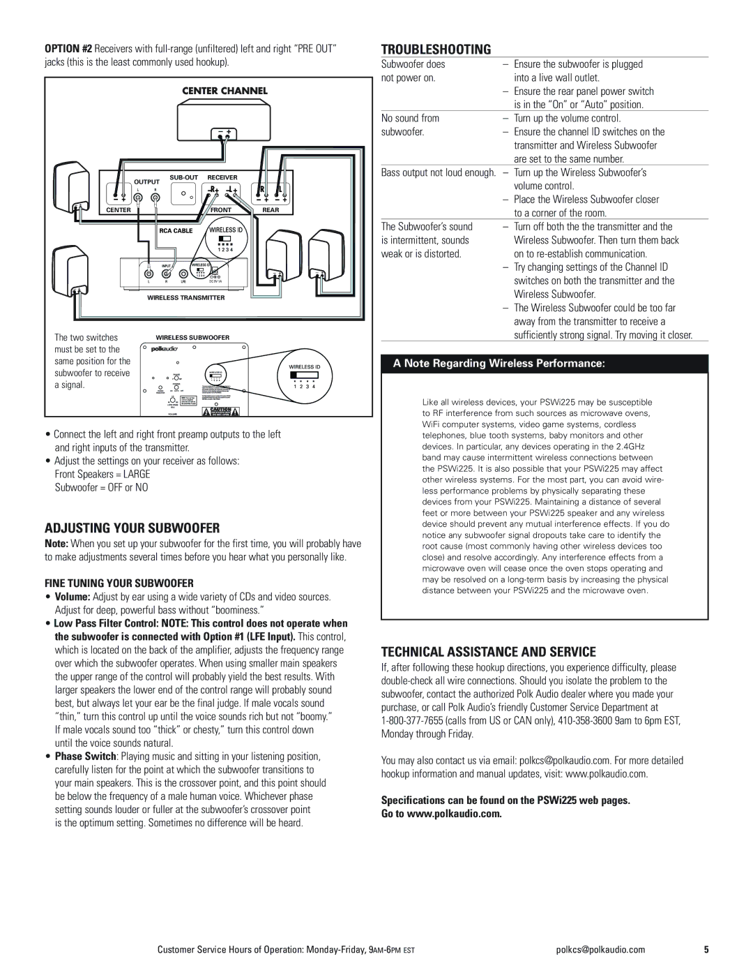 Polk Audio PSWi225 Troubleshooting, Adjusting Your Subwoofer, Technical Assistance and Service, Fine Tuning Your Subwoofer 