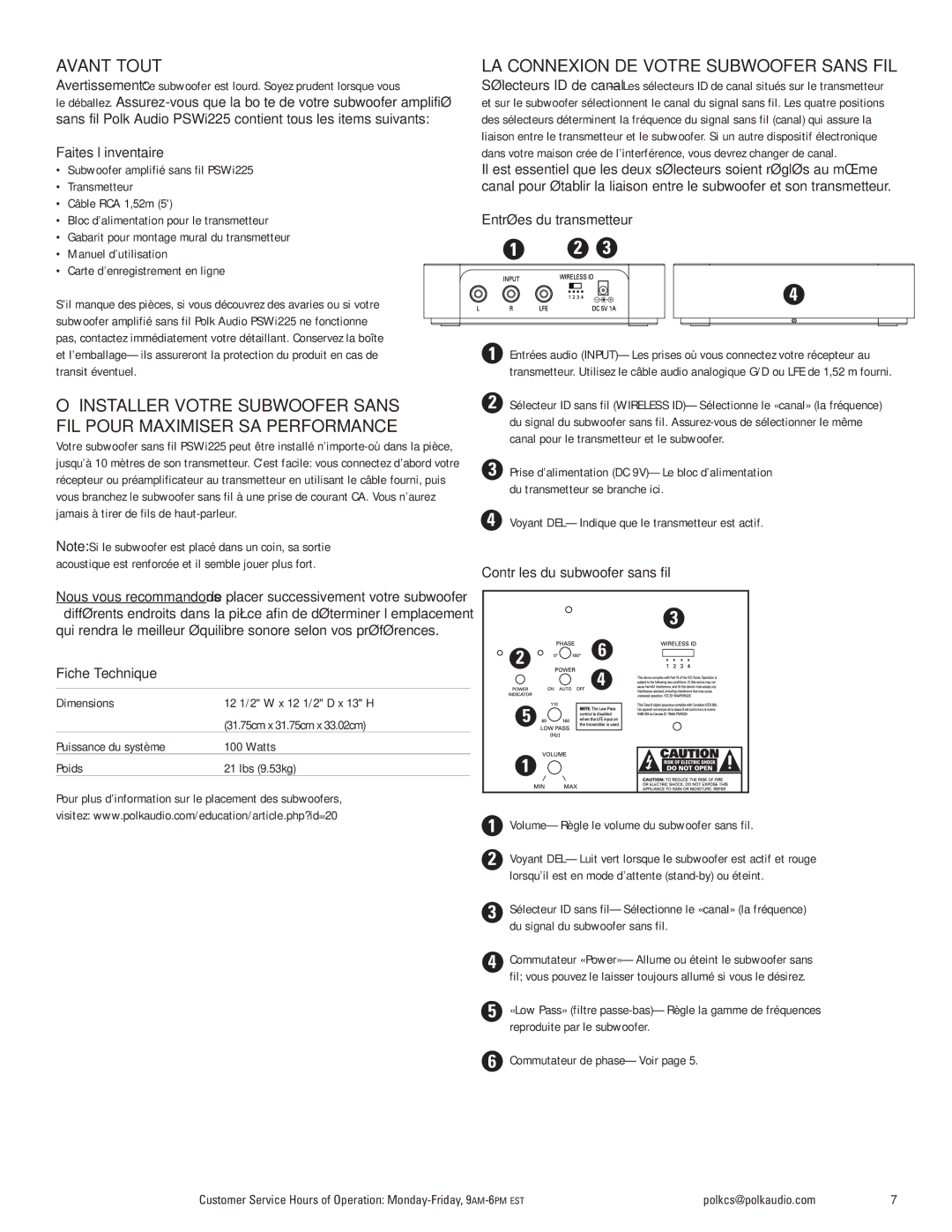 Polk Audio PSWi225 owner manual Avant Tout, OÙ Installer Votre Subwoofer Sans, FIL Pour Maximiser SA Performance 