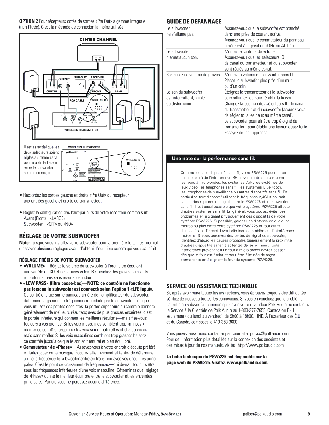 Polk Audio PSWi225 owner manual Guide DE Dépannage, Réglage DE Votre Subwoofer, Service OU Assistance Technique 