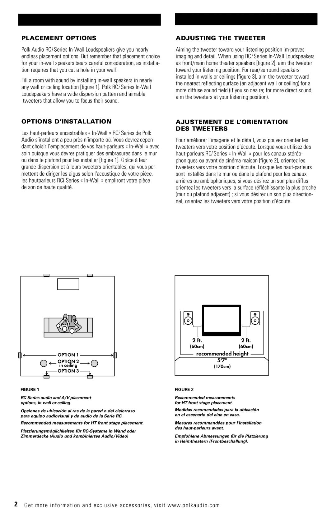 Polk Audio RC60 owner manual Placement Options, Adjusting the Tweeter, Options D’INSTALLATION, De son de haute qualité 