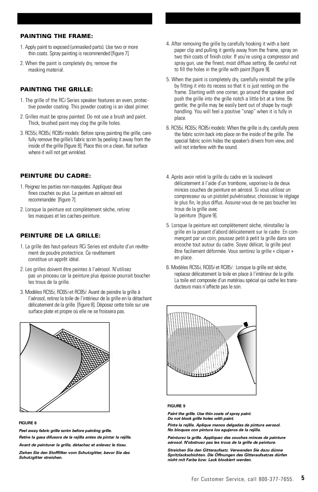 Polk Audio RC60 owner manual Painting the Frame, Painting the Grille, Peinture DU Cadre, Peinture DE LA Grille 