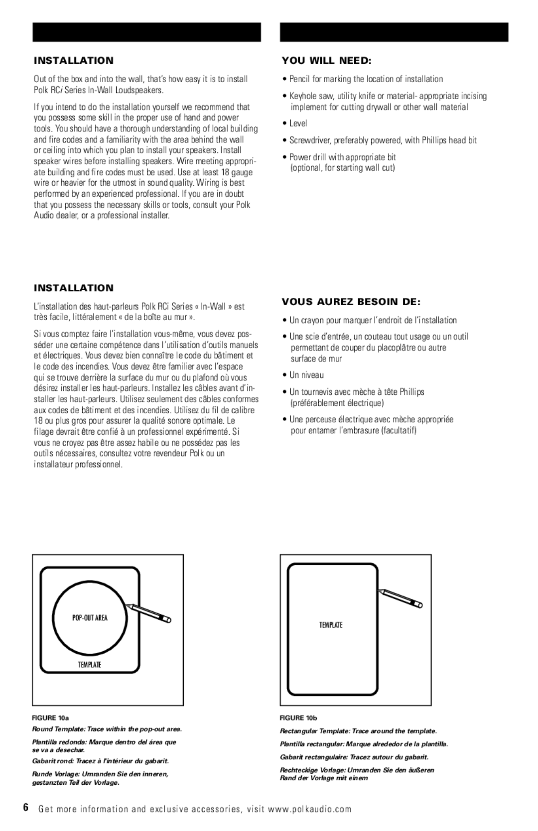 Polk Audio RC60 Installation, YOU will Need, Pencil for marking the location of installation, Vous Aurez Besoin DE 