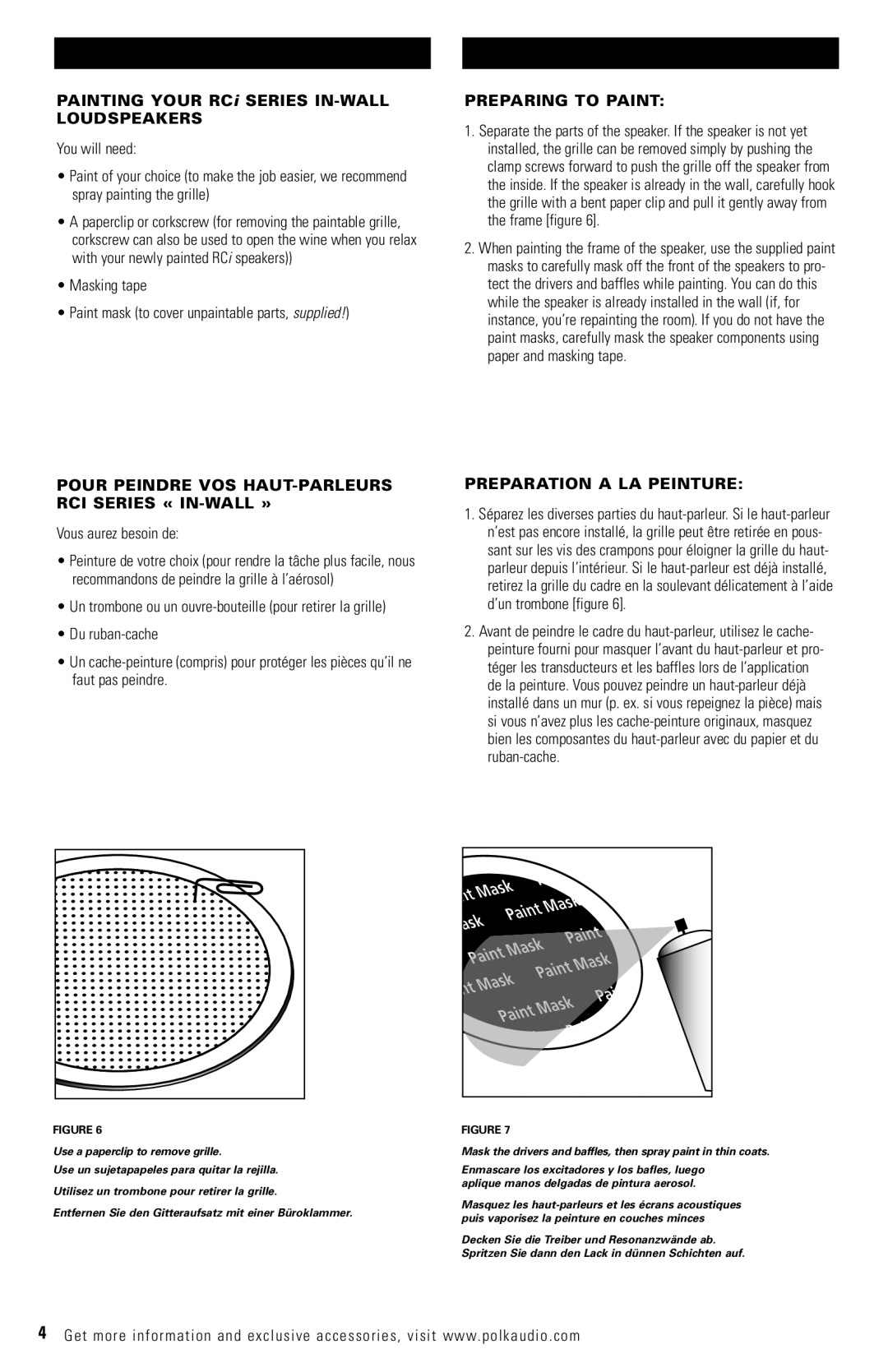 Polk Audio RC80i, RC60i Preparing to Paint, Pour Peindre VOS HAUT-PARLEURS RCI Series « IN-WALL », Vous aurez besoin de 