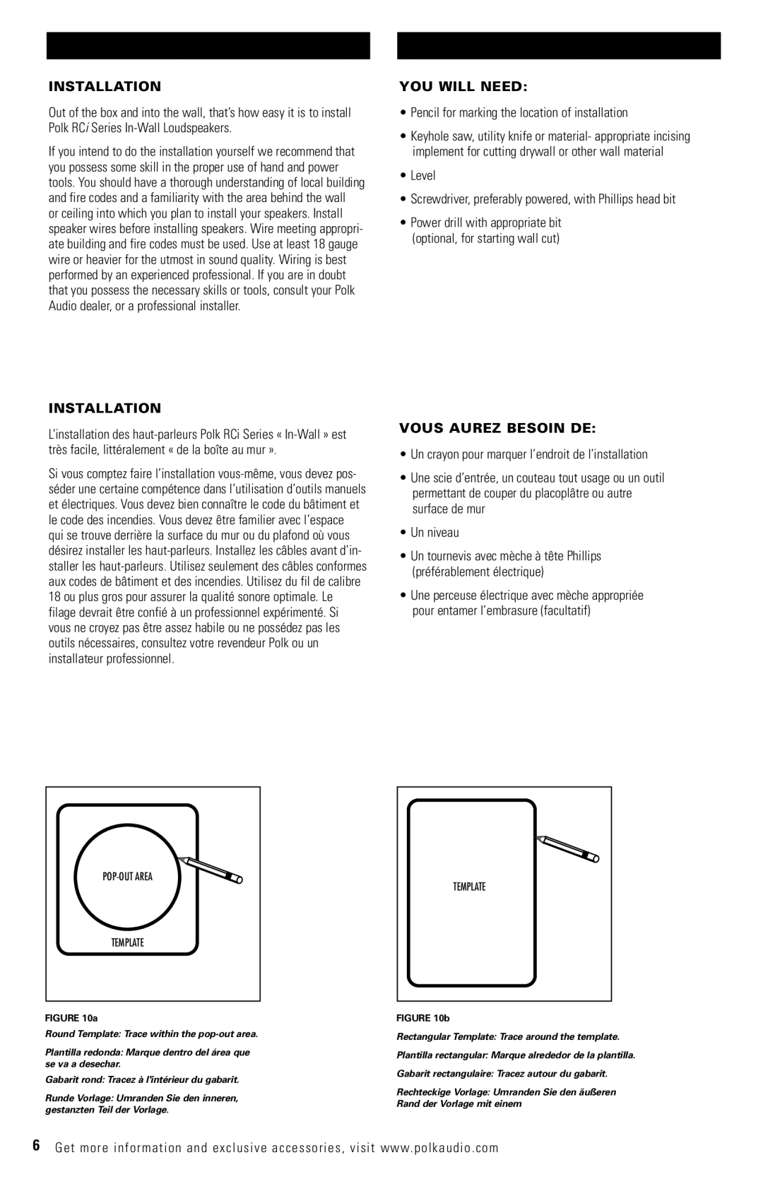 Polk Audio RC65i, RC60i Installation, YOU will Need, Pencil for marking the location of installation, Vous Aurez Besoin DE 