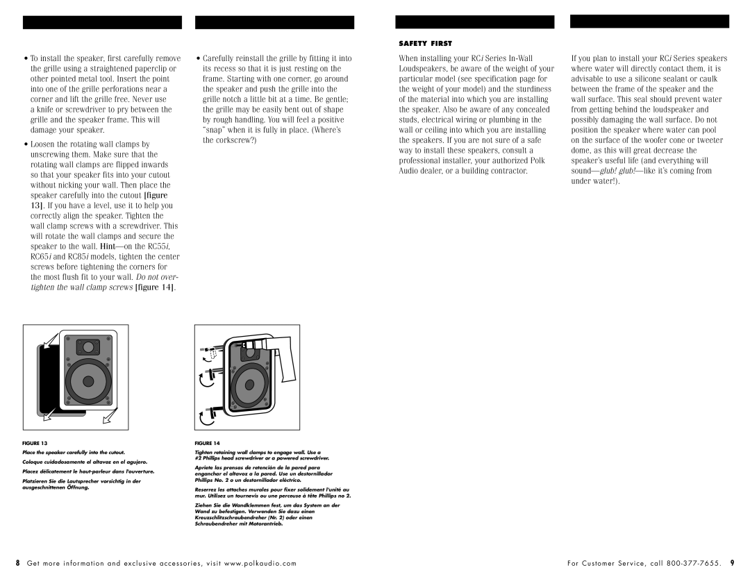 Polk Audio RC60i owner manual Safety First 