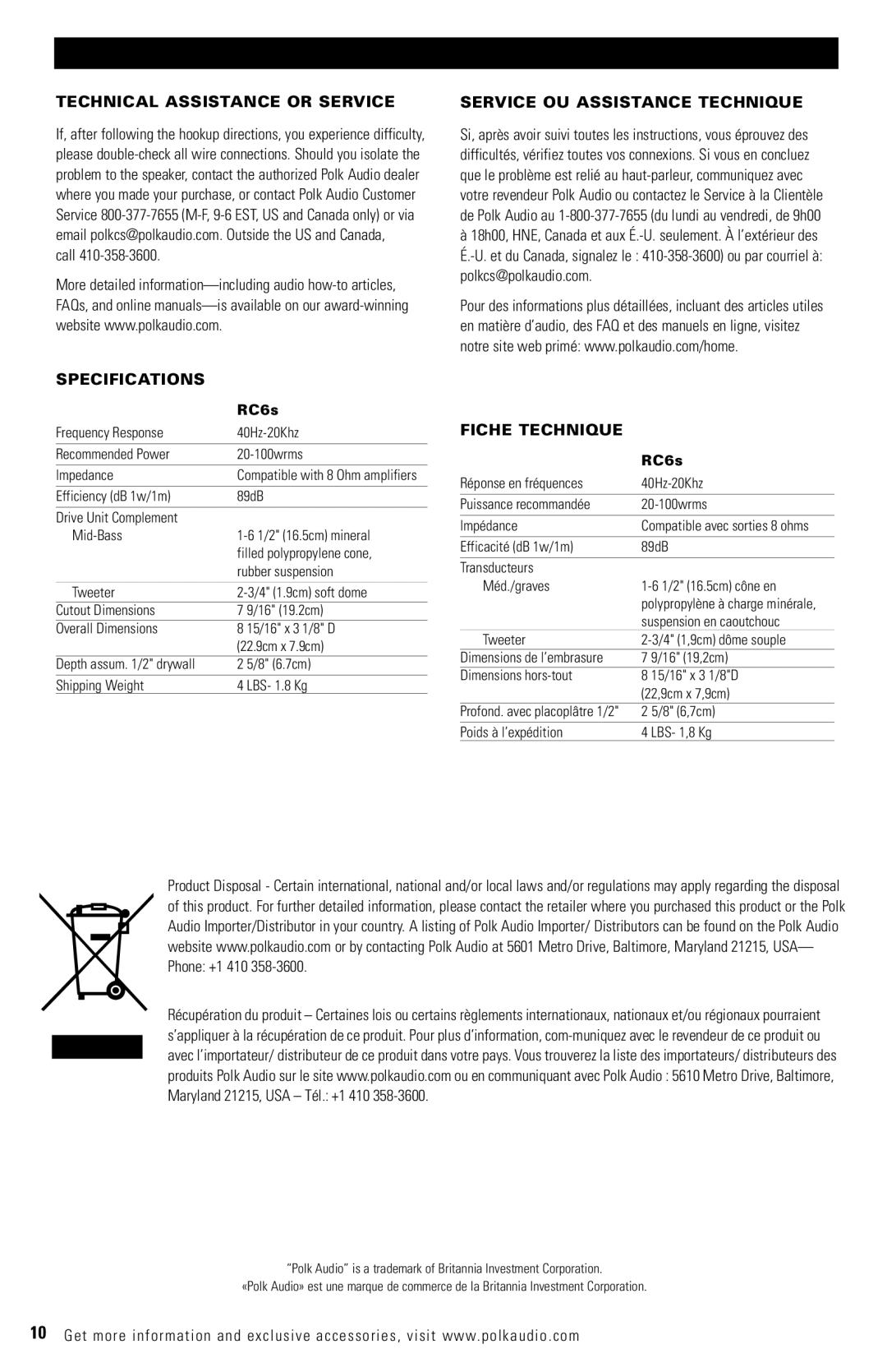 Polk Audio RC6S Technical Assistance or Service, Specifications, Service OU Assistance Technique, Fiche Technique 