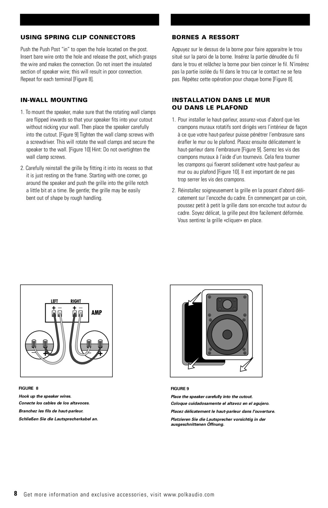 Polk Audio RC6S owner manual Using Spring Clip Connectors, Bornes a Ressort, IN-WALL Mounting 