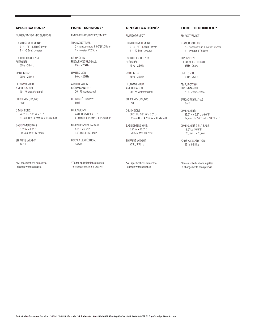 Polk Audio RM40, RM30 owner manual Specifications, Fiche Technique 