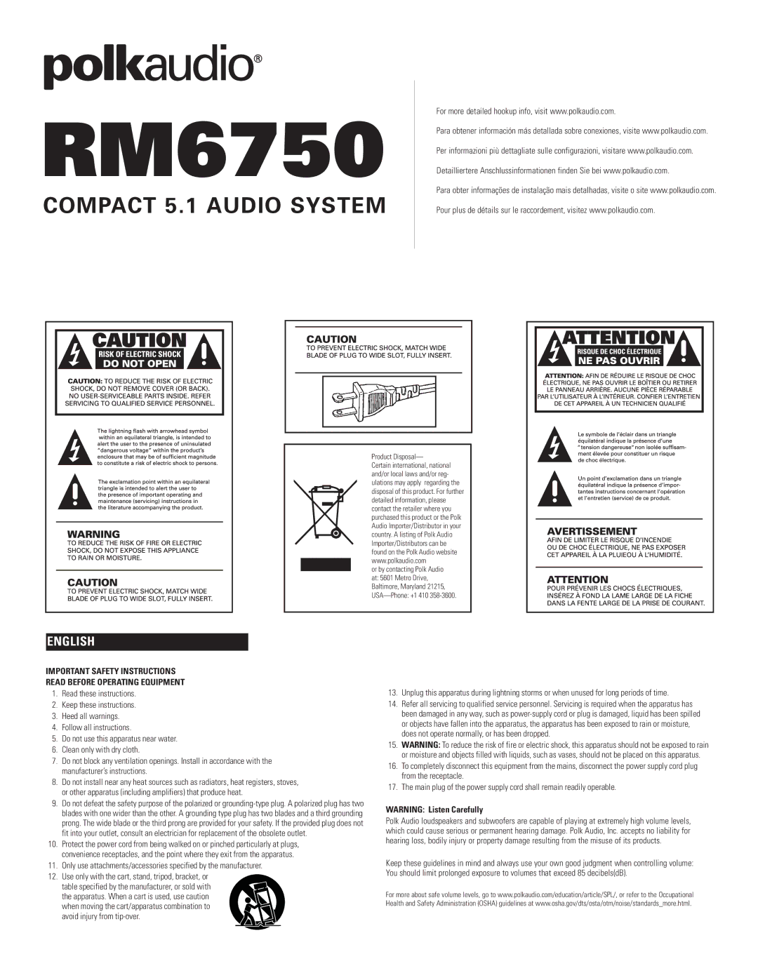 Polk Audio RM6750 important safety instructions 