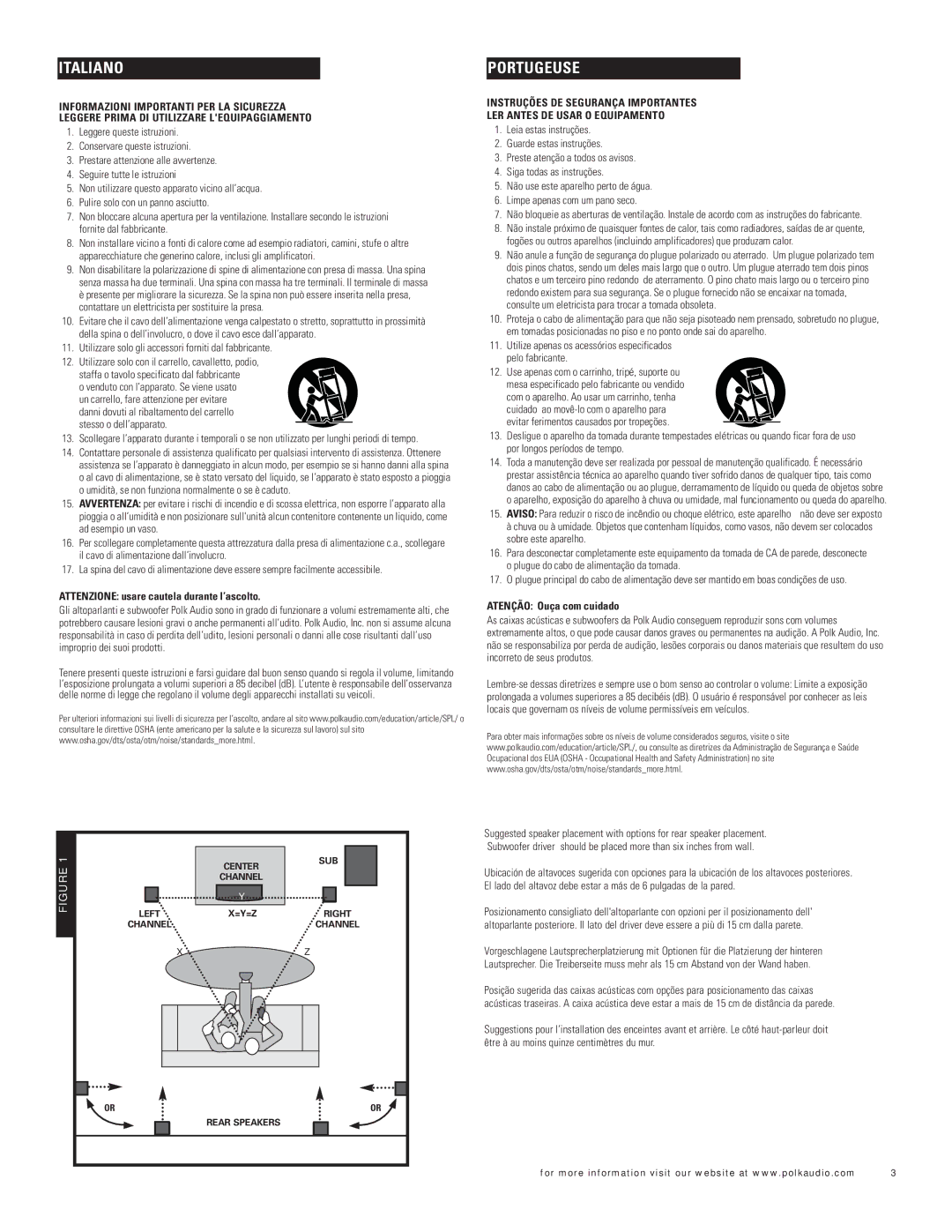 Polk Audio RM6750 important safety instructions Attenzione usare cautela durante l’ascolto, Atenção Ouça com cuidado 