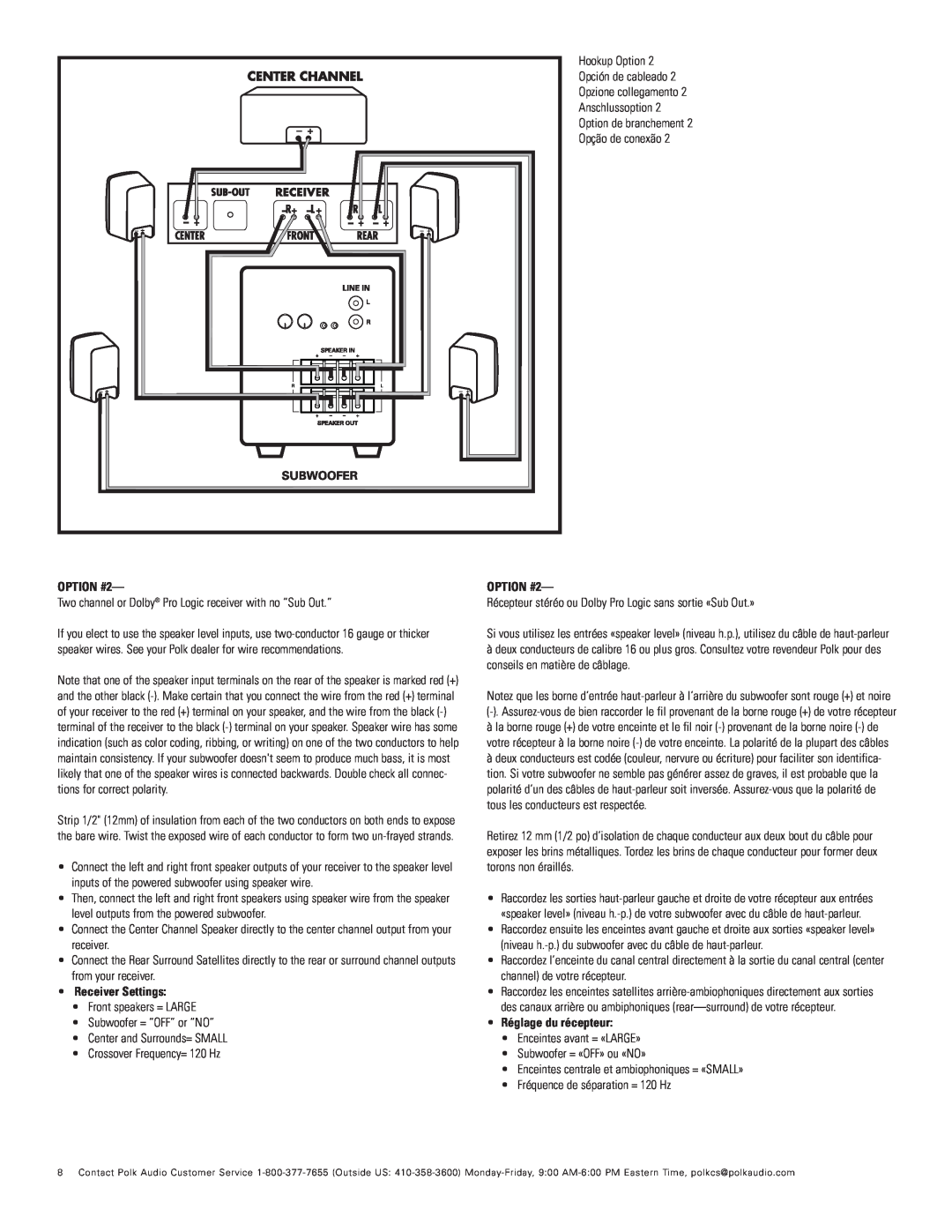 Polk Audio RM6750 important safety instructions OPTION #2, Receiver Settings, Réglage du récepteur 