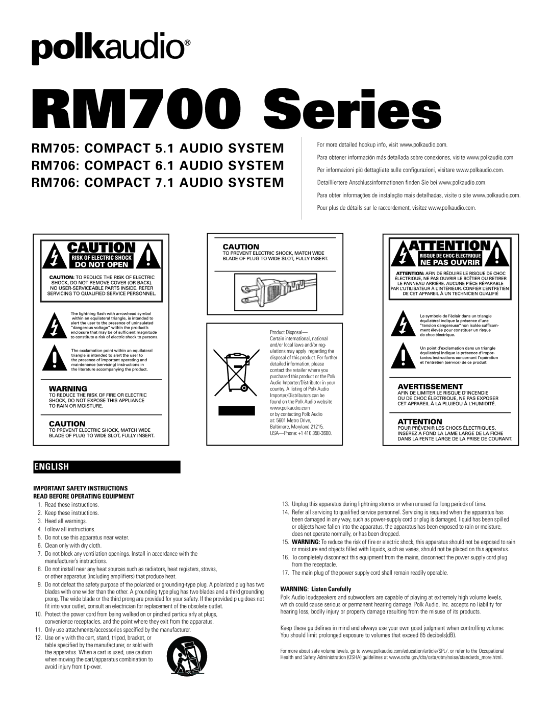 Polk Audio RM706 important safety instructions RM700 Series, English 