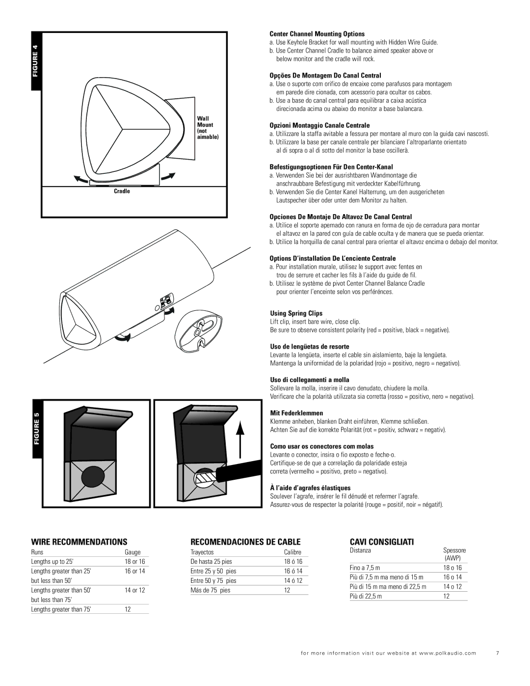 Polk Audio RM706 important safety instructions Wire Recommendations, Cavi Consigliati 