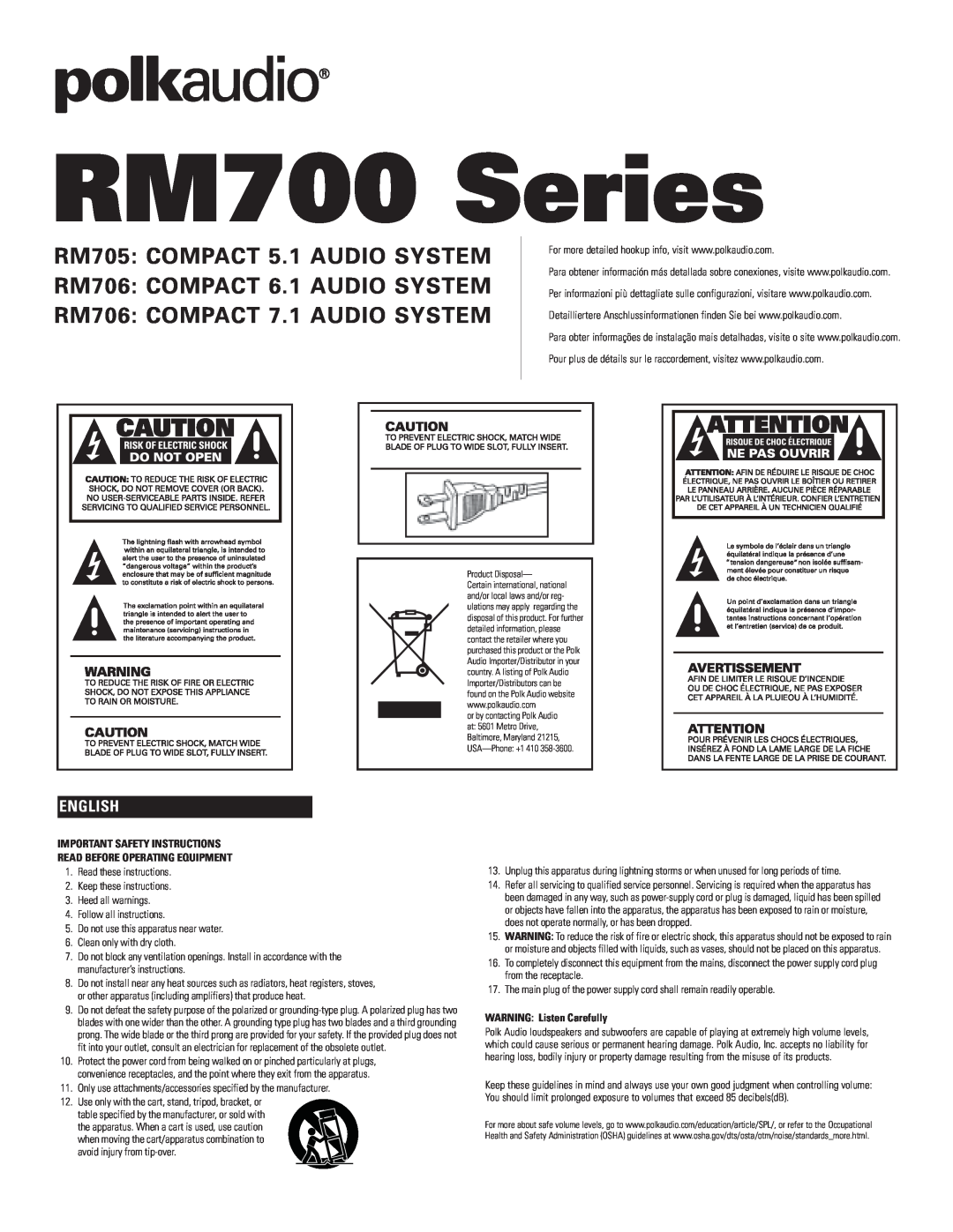 Polk Audio RM706 important safety instructions English, RM700 Series, RM705 COMPACT 5.1 AUDIO SYSTEM 