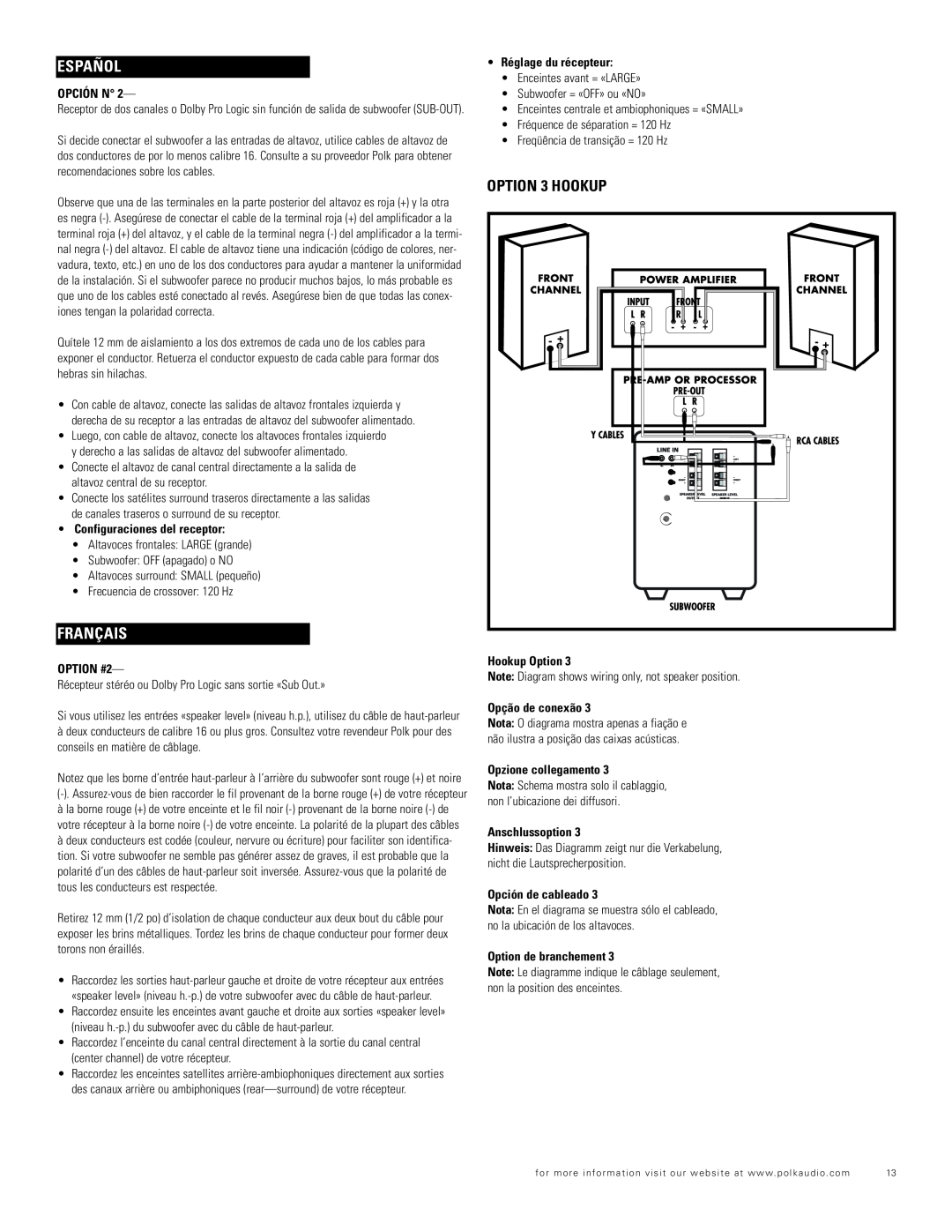 Polk Audio RM706 important safety instructions Español, Français, OPTION 3 HOOKUP 